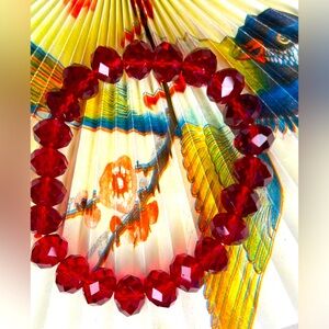 Red Beaded Stretch Bracelet, Red Faceted Acrylic, approx 6 inch dia inside